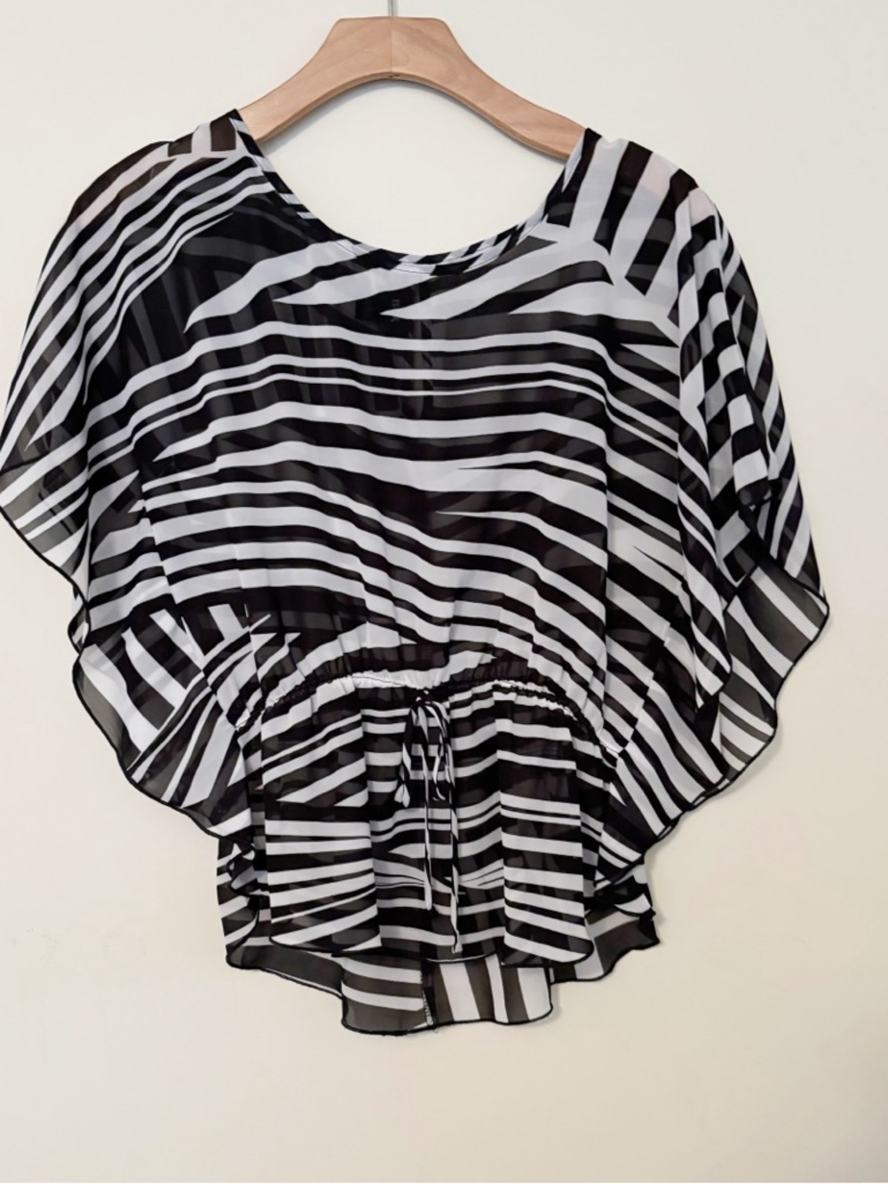 BCX Black and White Striped Sheer Tunic with Drawstring Womens Size Small Boho